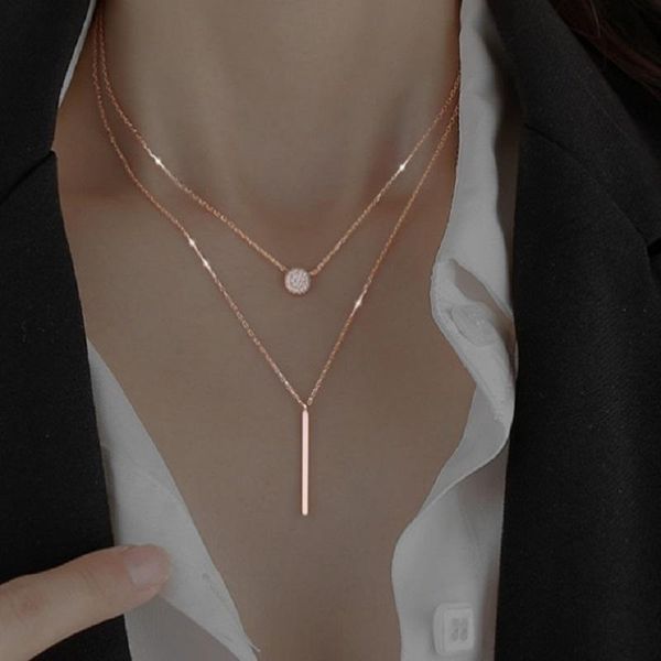 

chains square flash diamond round double layer necklace women's clavicle in cool wind chain simple temperamen, Silver