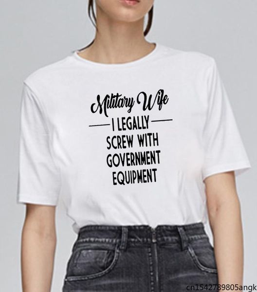 

women's t-shirt military wife print summer round short sleeve funny casual loose femme black white