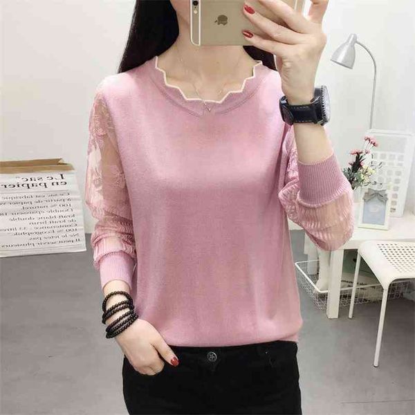 

lace long sleeve women t-shirt print loose fashion wild thin pure color elastic knit tees pullover female spring summer 210427, Black;gray