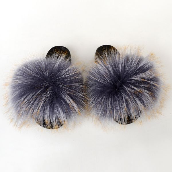 

custom fluffy real brand raccoon fur slides women raccoon fur slippers, Black