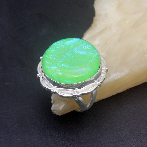 

wedding rings round shape solitaire green dichroic glass silver color ring 8.5# vc51, Slivery;golden