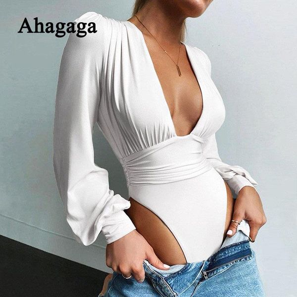 

ahagaga autumn rompers women jumpsuit clubwear v-neck high waist solid skinny bodycon regular long sleeve female bodysuit women's jumps, Black;white