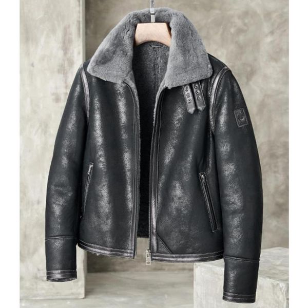 

men's leather & faux mens sheepskin shearing jacket black color b3 bomber coat