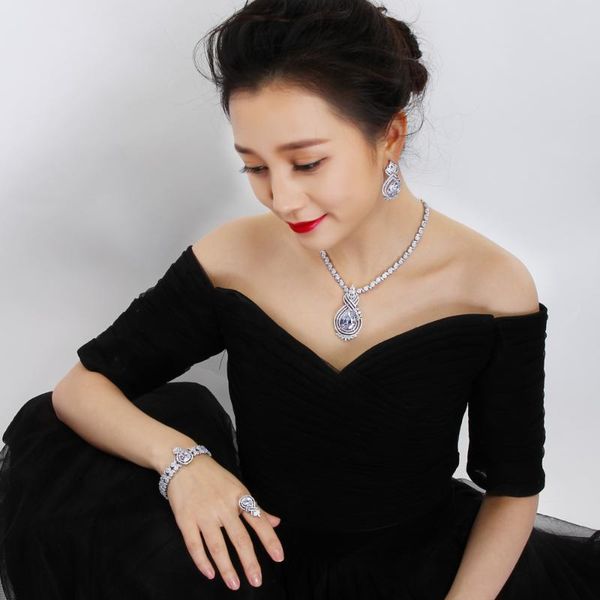 

earrings & necklace luxury 4pcs jewelry sets supplier white and gold plate necklace+bracelet+earrings+gift ring large jewellery set for, Silver