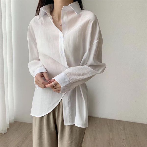 

summer see through korea womens blouses asymetrical streetwear solid color, White