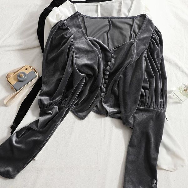 

women's blouses & shirts vintage long sleeve blouse women short velvet crop woman blusas causal sweet female top, White