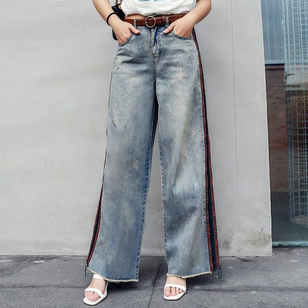 

summer embroidered straight jeans high waist women loose pants wide leg women's trousers denim, Blue