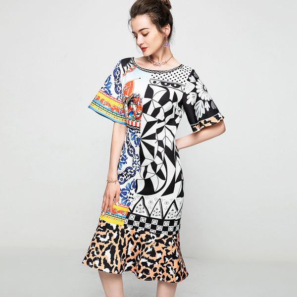 

women's runway dresses o neck short flare sleeves ruffles vintage printed elegant mermaid designer dress vestidos, Black