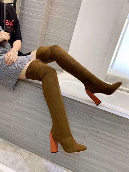 

chaussures femme black tan leather thigh high chunky heel womens boots over the knee stretch long slim botines winter 2021