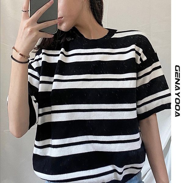 

genayooa harajuku t-shirt women casual femme short sleeve knitted vintage t shirt striped elastic female tee 210417, White