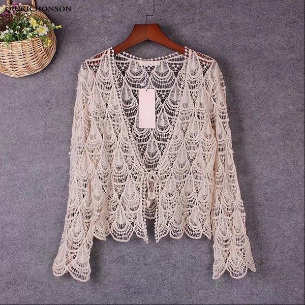 

spring summer women shirt hollow out phoenix flower crochet lace cardigan seven sleeve bohemian crop ladies blouses femme, White