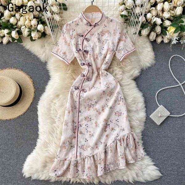 

woman dress summer stand ruffles chinese style elegant floral print dresses fashion wild slim bodycon vestidos 210531, Black;gray