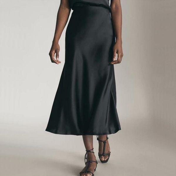

spring summer high waist satin women skirt metallic color long shiny silk imitation midi silver black