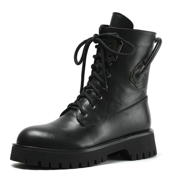 

boots genuine leather combat for women platform lace up luxury brown ankle booties fashion plus size 43, Black