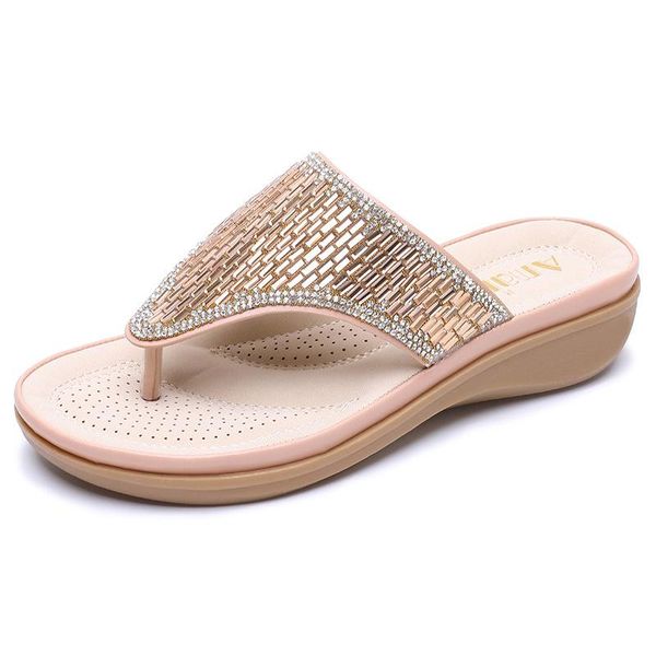 

slippers 2021 women pu flip flops breathable beach shoes woman rhinestone women's summer size 35-42 zapatos de mujer, Black