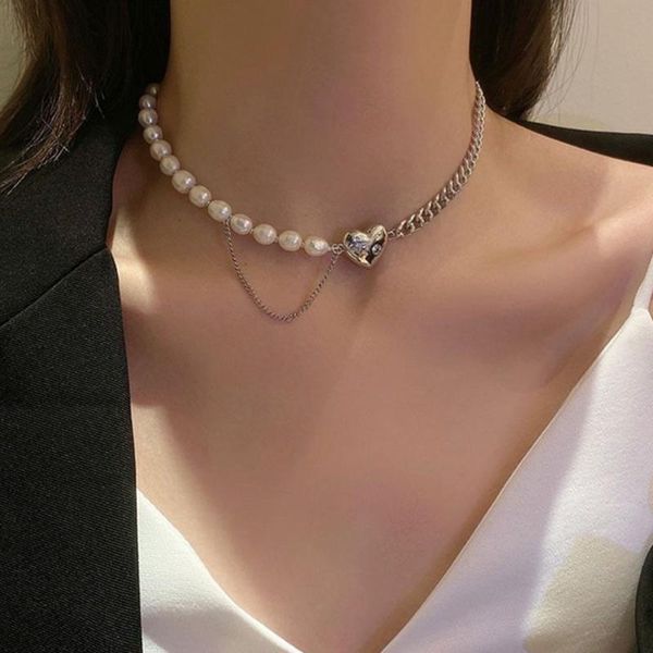 

pendant necklaces 2021 necklace female pearl love heart clavicle chain stitching fashion asymmetric jewelry girl gift, Silver