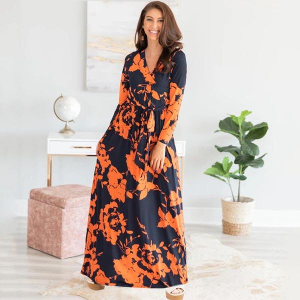 

casual dresses tmwevn printed fashion v-neck long sleeve dress maxi high neckband, pure color slim suit, Black;gray