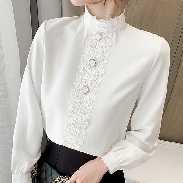 

women's blouses & shirts long sleeve white blouse lace chiffon shirt women blusas mujer de moda 2021 stand collar e382