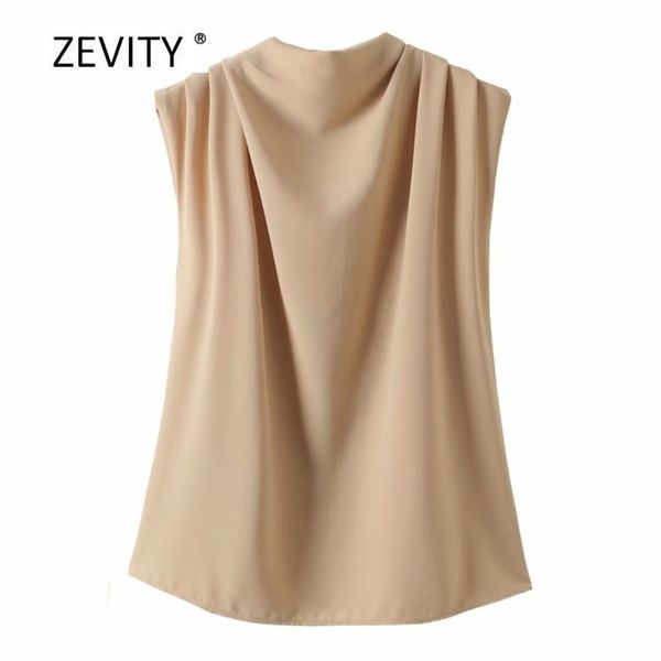

women fashion solid color stand collar pleats sleeveless smock shirt ladies office blouses chic roupas femininas ls6913 210420, White