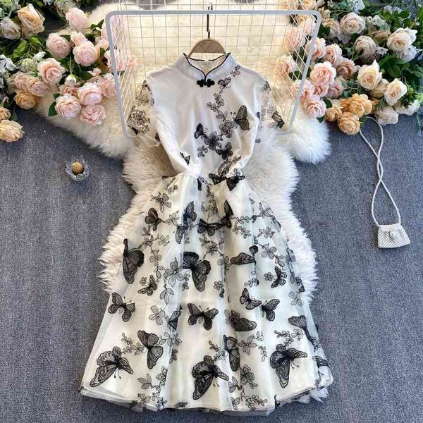 

summer retro cheongsam elegant dress for womens heavy industry embroidery butterfly short-sleeved waist big swing 210420, Black;gray