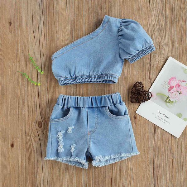 

summer fashion girls two piece set kids shoulder crop denim shorts with pockets outfits for children, White