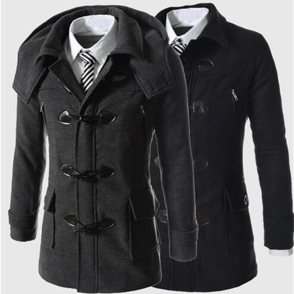 

men's wool & blends winter woolen horn button coats casual overcoat fashion coat men windbreaker jacket peacoat for man vmsb, Black