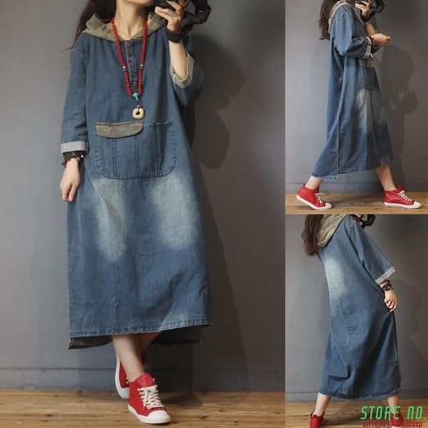 

plus sizes hooded denim dresses long sleeves jean pockets vestidos baggy vintage patchwork cowboy casual, Black;gray