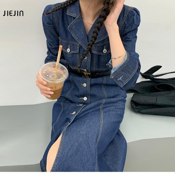 

casual dresses 2021 autumn denim blue long dress women lapel sleeve shirt vestido elegant work ol cowboy, Black;gray
