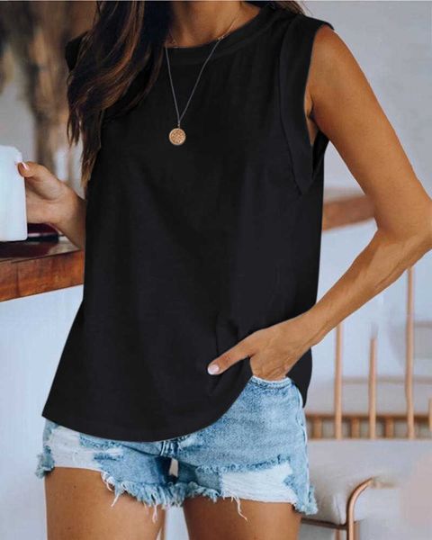 

women fashion summer casual white solid short sleeve summer round neck sleeveless casual 210716, White;black