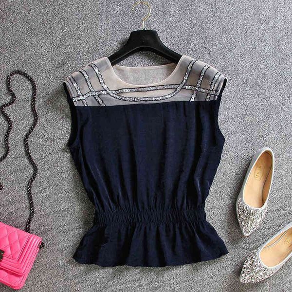 

women's blouses & shirts arrival summer korea fashion women hollow out patchwork mesh chiffon all-matched casual o-neck m12 gfj7, White