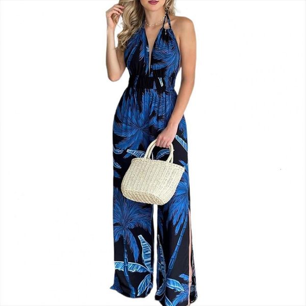 

jumpsuit sleeveless floral womens pants tree print wide leg slit hem backless halter loose romper overall pant sets streetwear, White