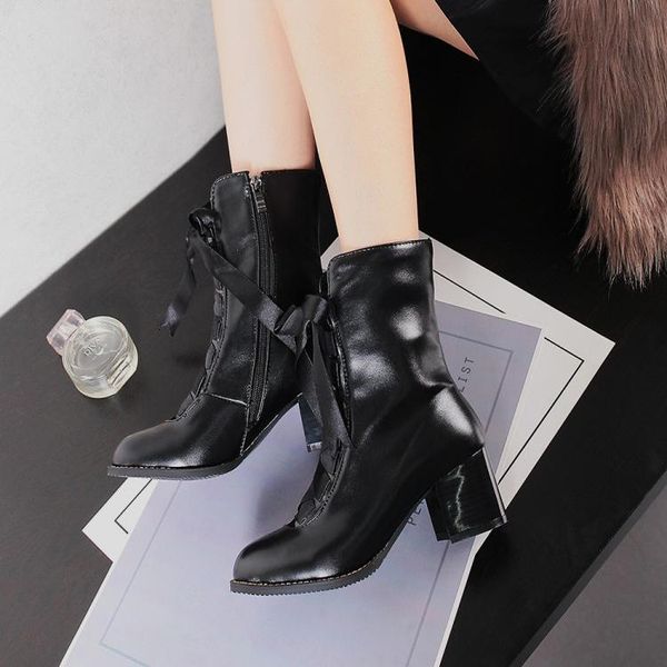 

big size ma'am coarse heel short boots pure color frenulum boot barrel high, Black