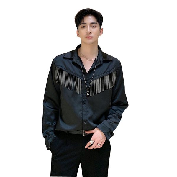 

men's casual shirts men metal tassel satin style long sleeve male streetwear vintage fashion hip hop lovers stage clothing k3jn, White;black