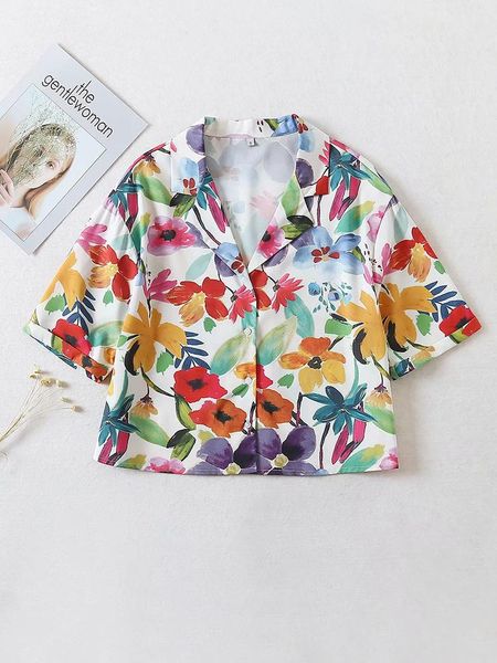 

women's blouses & shirts biaoruina beach style floral printed single breasted v-neck shirt short sleeve female summer casual streetwear, White
