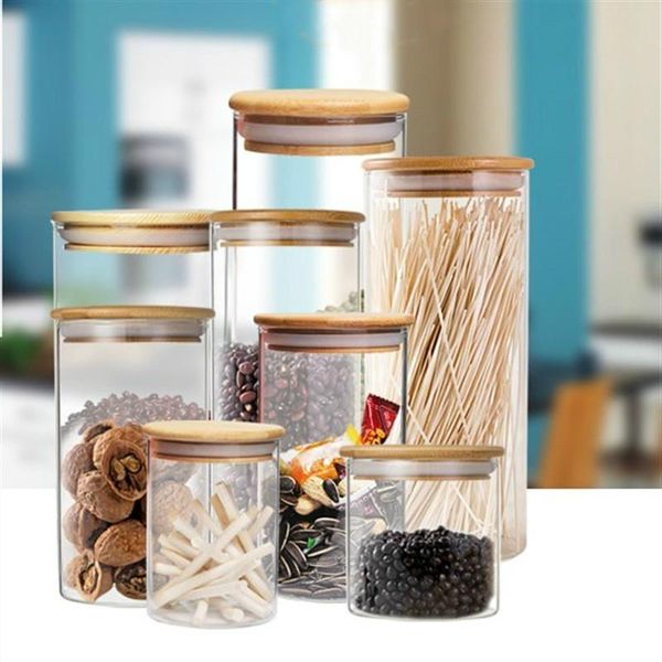 

storage bottles & jars kitchen container glass sealed pot cylinder food bottle with bamboo lids tea canister dried fruit candy jar