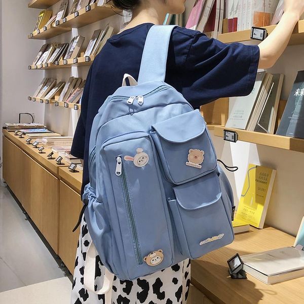 

backpack hocodo kawaii badge women nylon cute school bag solid color multi-pocket student bookbag female travel mochila