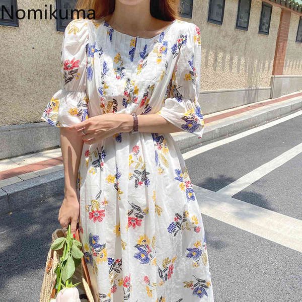 

nomikuma robe korean floral printed dress women o neck short sleeve a line dresses female high waist chic vestidos mujer 210514, Black;gray