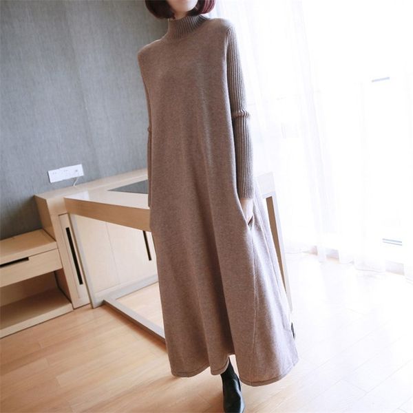 

autumn winter women dresses knitted korean pocket turtleneck flared warm elegant lady midi dr1105jx 210427, White;black