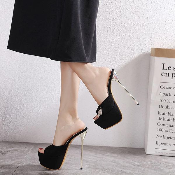 

16cm ultra high heeled black women slipper peep toe sandals shoes size 34-40 dress