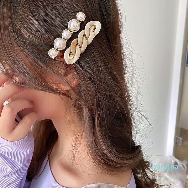 

chain pearl hair clips 2 piece set combination fashion all-match hairpin sideclip net red bangs clip female korean hairs jewelry wholesale, Golden;silver