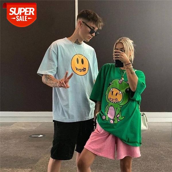 

drew smiley face dinosaur short-sleeved justin bieber t-shirt loose #li14, White;black