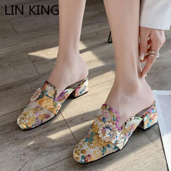 

vintage floral women slippers casual square heel woman slides spring autumn fashion crystal outdoor ladies, Black