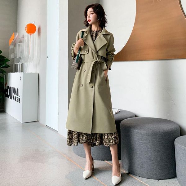 

hepburn medium length windbreaker 2021 style double breasted korean loose casual drape coat women's autumn winter trench coats, Tan;black