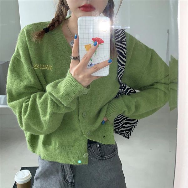 

women's knits & tees green knitted cardigan early autumn 2021 thin long sleeve sweater coat small v-neck short top, White