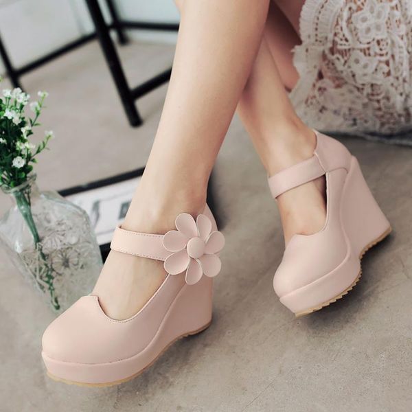 

office lady platform high wedges spring pumps elegant solid flower stylish women 2021 party dress shoes woman, Black