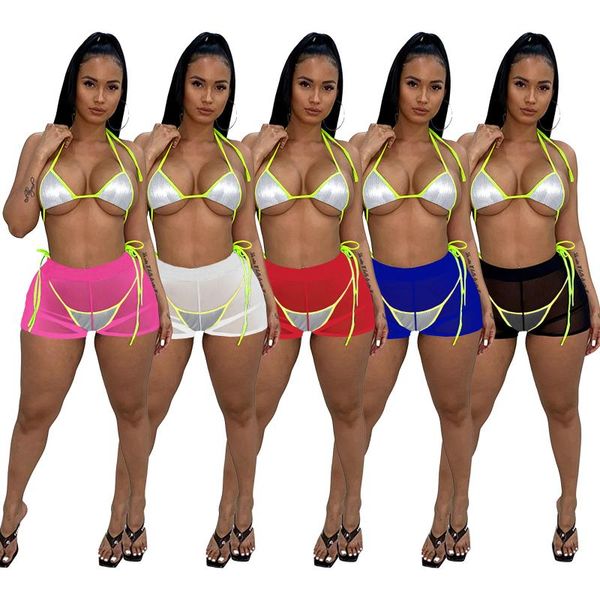 

one-piece suits diamonds sheer mesh lace up 3 pcs bikinis suit push swimwear cover biquini bathing bra thong shorts swimsuits