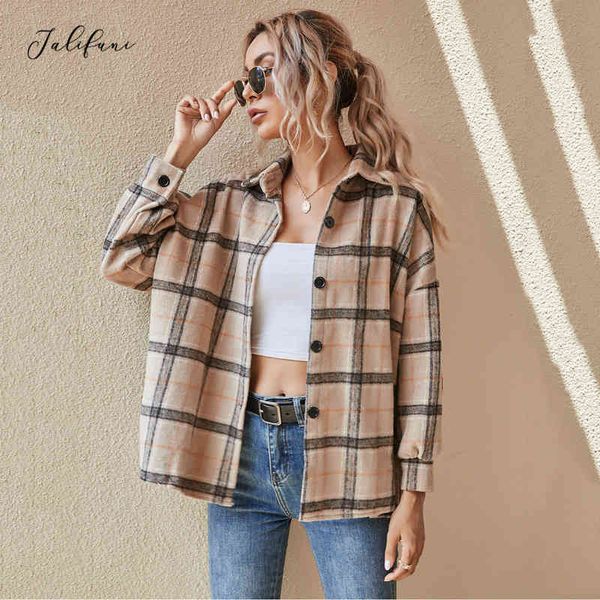

coats and jackets women loose warm casual plaid button up collar shirt outerwear clothes korean fashionable autumn winter 210415, Black;brown