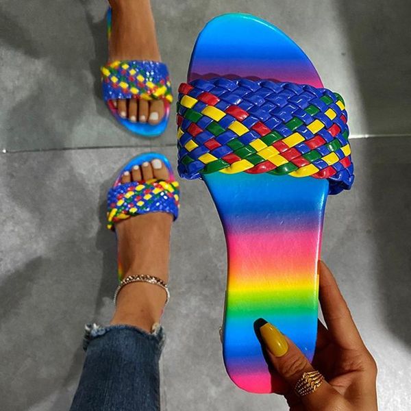 

summer women weave multicolor slippers ladies casual flats 2021 women's mixed color beach shoes female open toe slides big size, Black