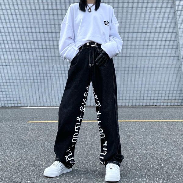 

women's jeans high street women straight casual denim trousers hip hop harajuku washed waist pants for female, Blue