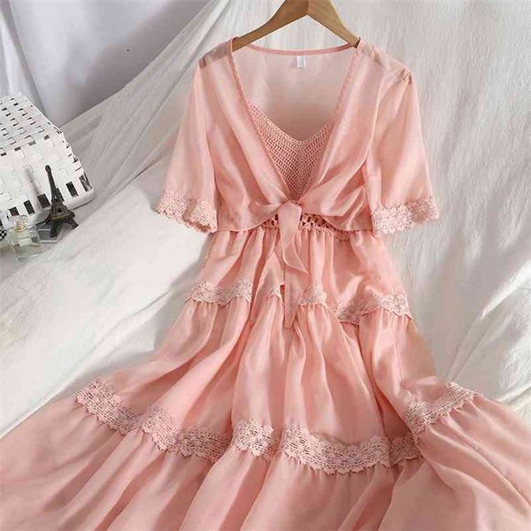 

summer women hollow out cascading ruffle spaghetti strap long dress bandage sunscreen cardigan two piece set 210430, Black;gray